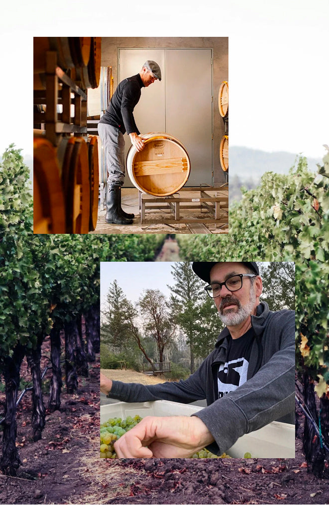 Collage of a man working with wooden barrels and in a vineyard.