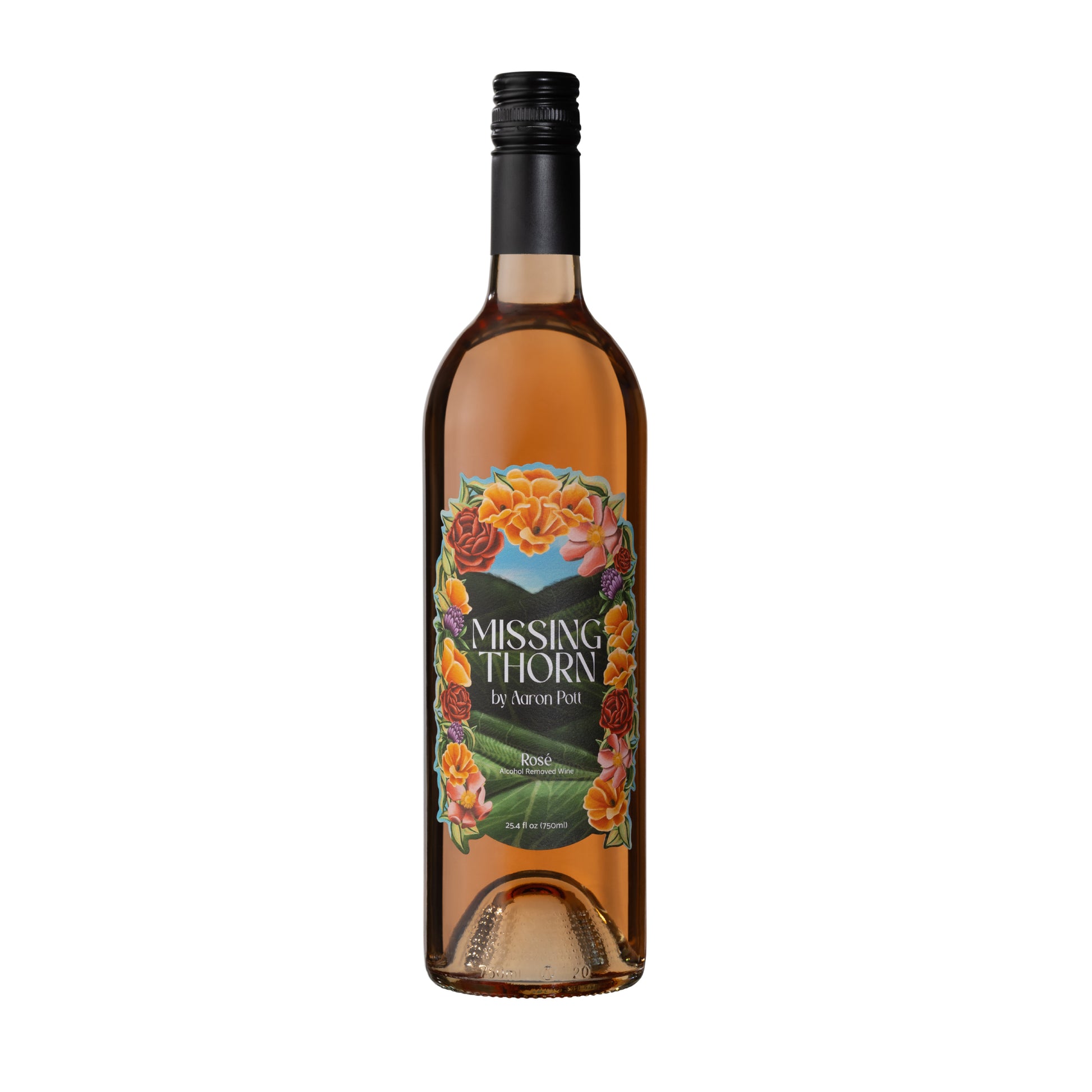 Bottle of 'Missing Thorn' wine with a colorful label on a white background
