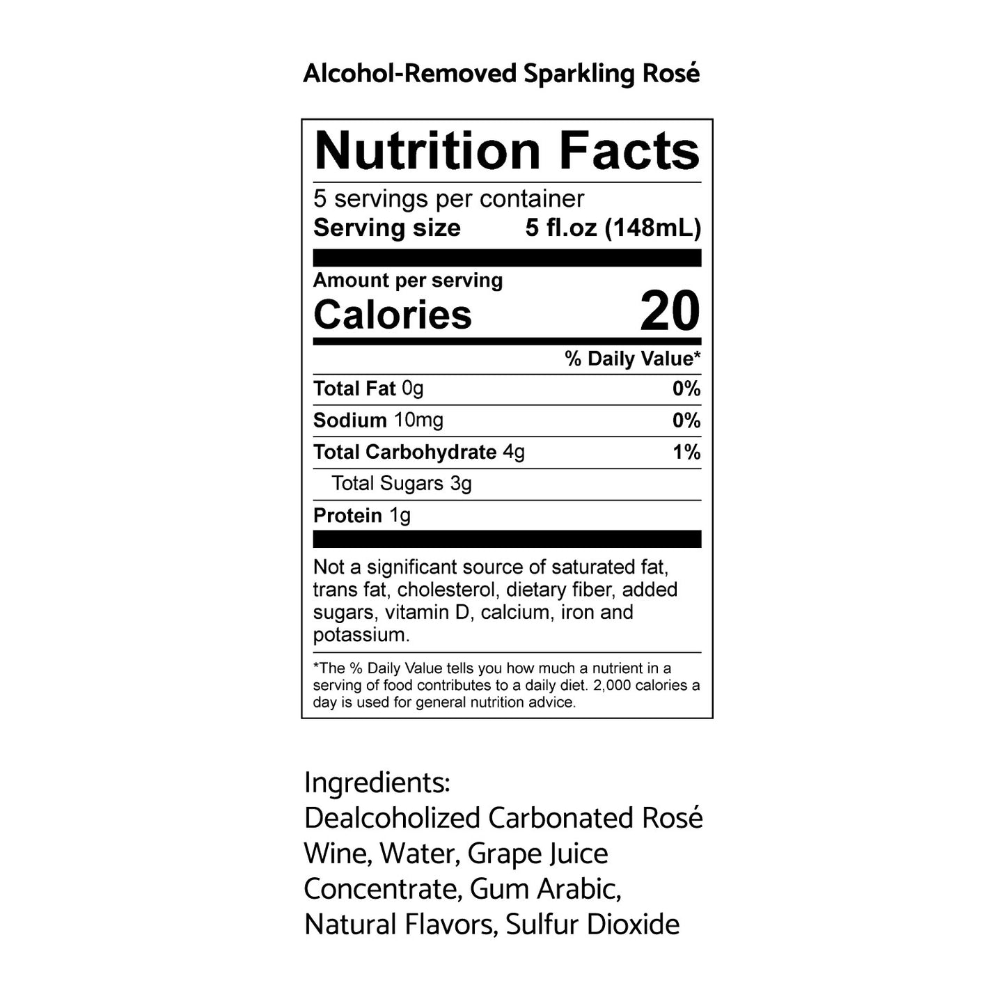 Nutrition facts label for Alcohol-Removed Sparkling Rosé on a white background