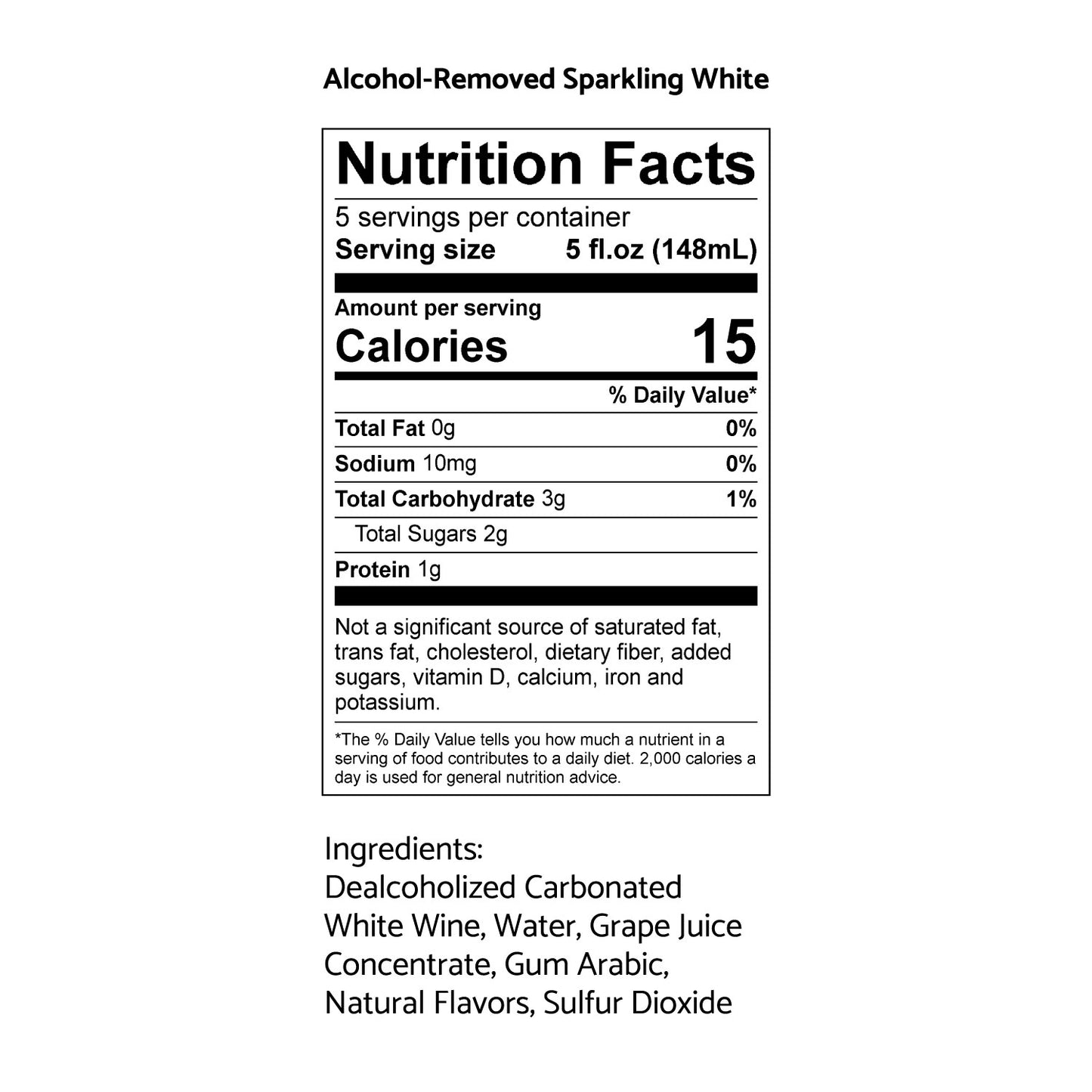 Nutrition facts label for alcohol-removed sparkling white wine on a white background
