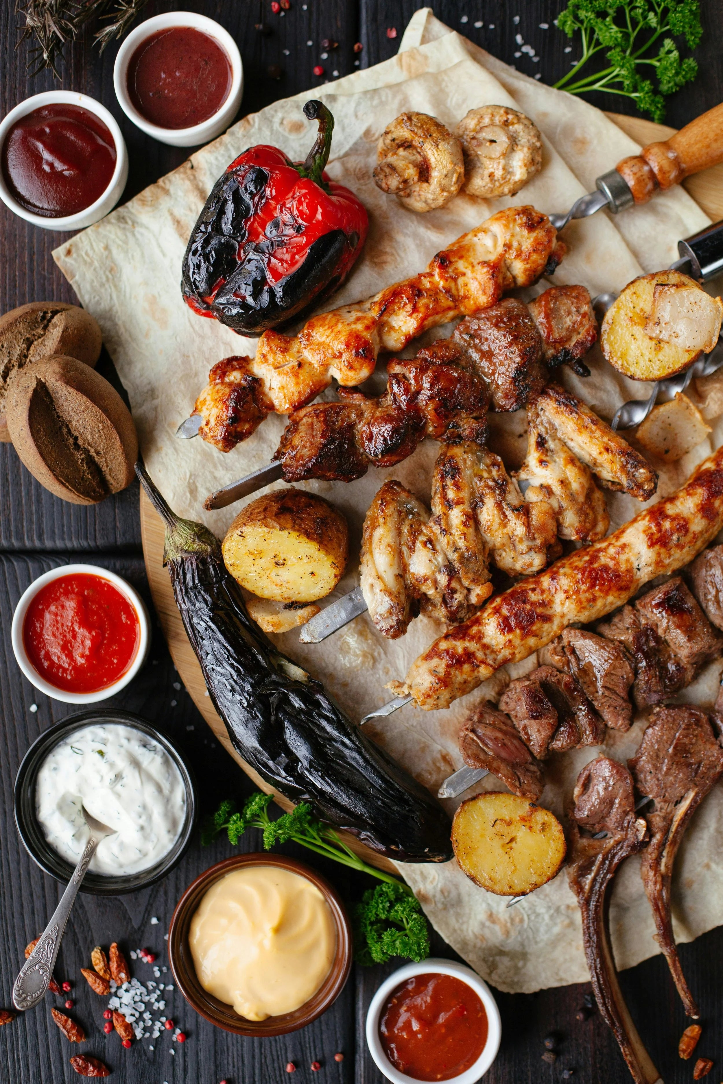 Assorted grilled meats, vegetables, and sauces on a wooden board with a dark background.