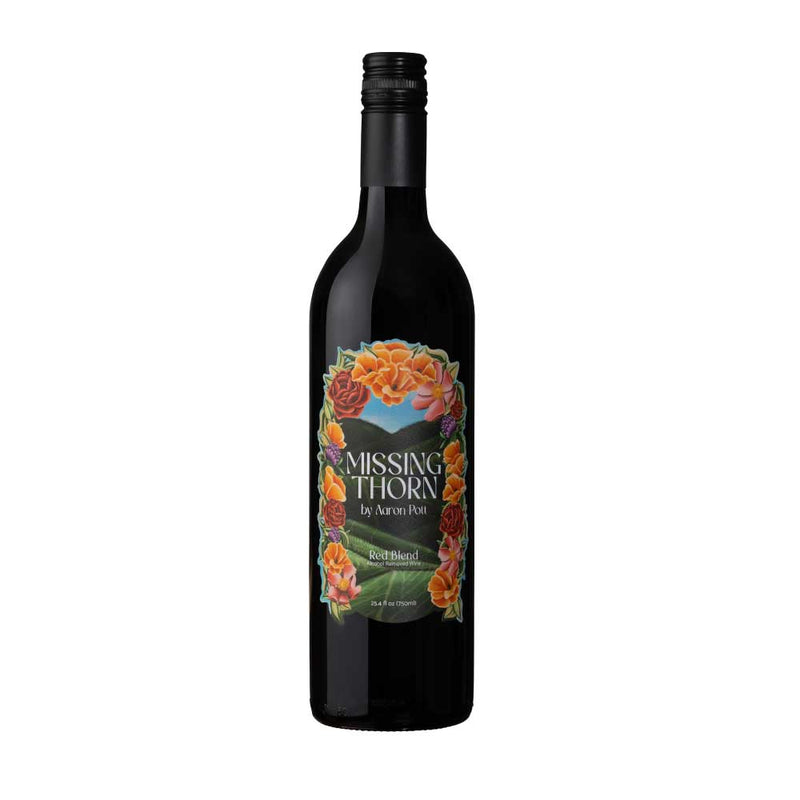 Red Wine bottle with a colorful label on a white background