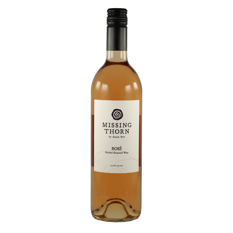 A bottle of non-alcoholic Barbera rosé wine with a label that reads 'Missing Thorn' and the name 'Rosé'.