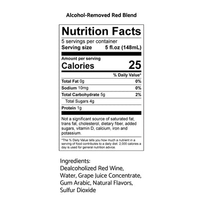 Nutrition facts label for alcohol-removed red blend on a white background