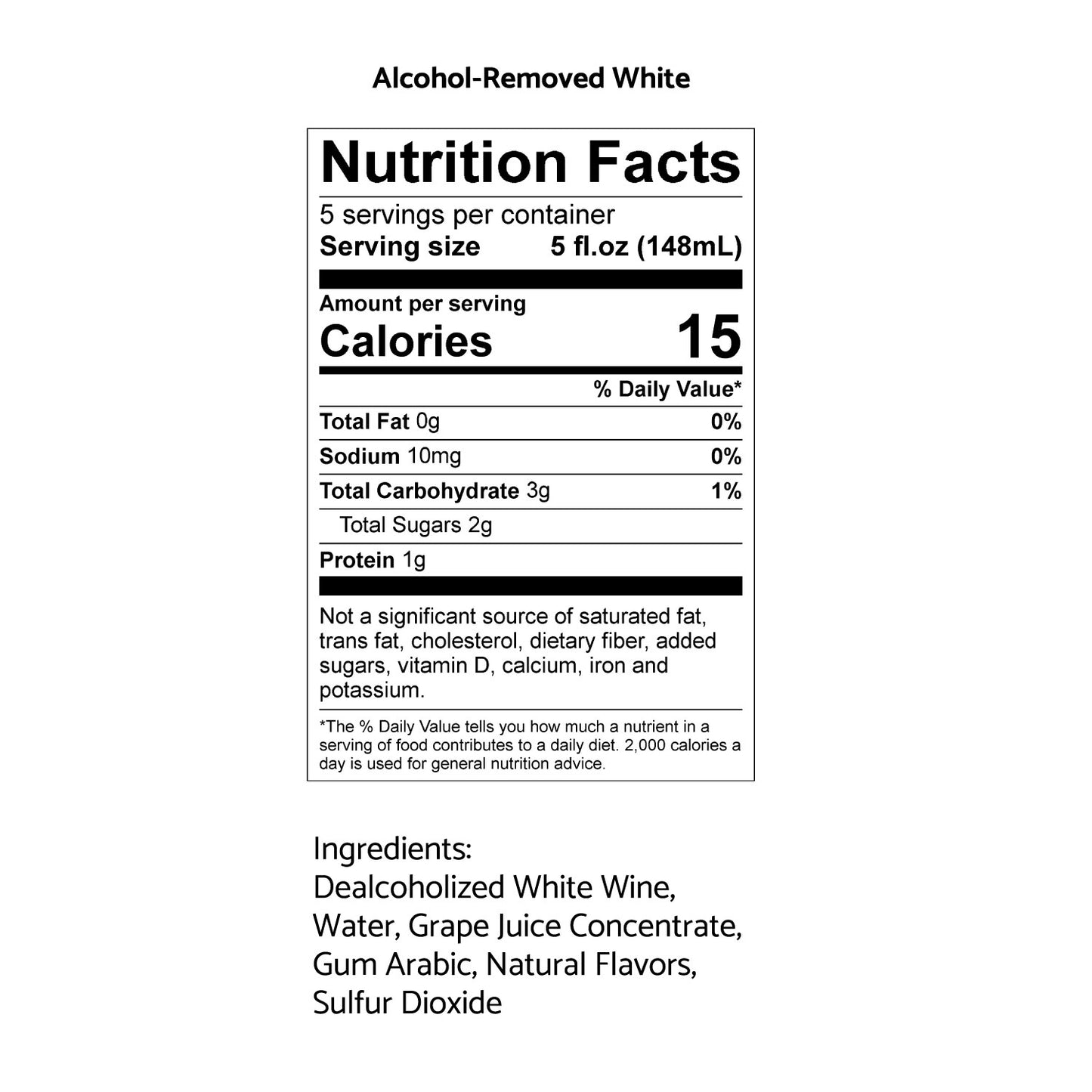 Nutrition facts label for alcohol-removed white wine on a white background