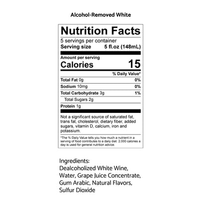 Nutrition facts label for alcohol-removed white wine on a white background