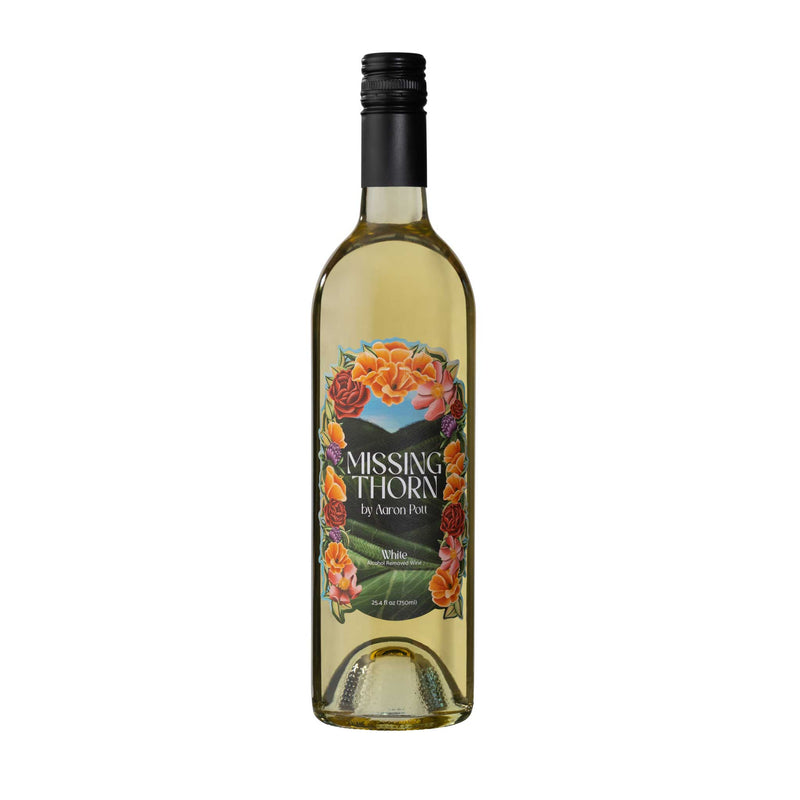 Bottle of 'Missing Thorn' white wine on a white background